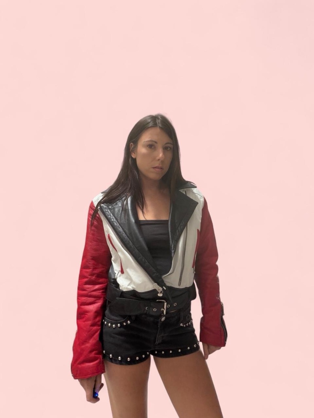 Colorblock Red, White & Black Leather Biker Jacket - Women's